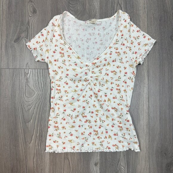 Billabong White Floral Waffle Knit V-Neck Short Sleeve Top Womens Size L Cottage - Picture 1 of 6
